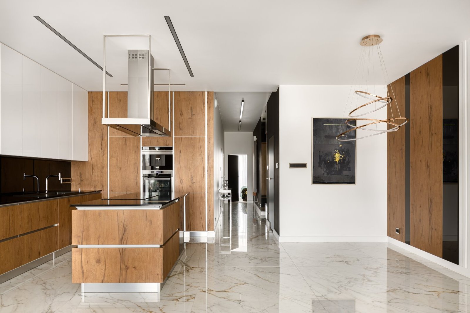 Modern kitchen with natural wood cabinetry