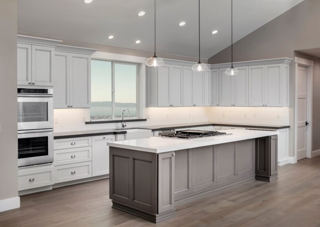 Custom kitchen with island and scenic view