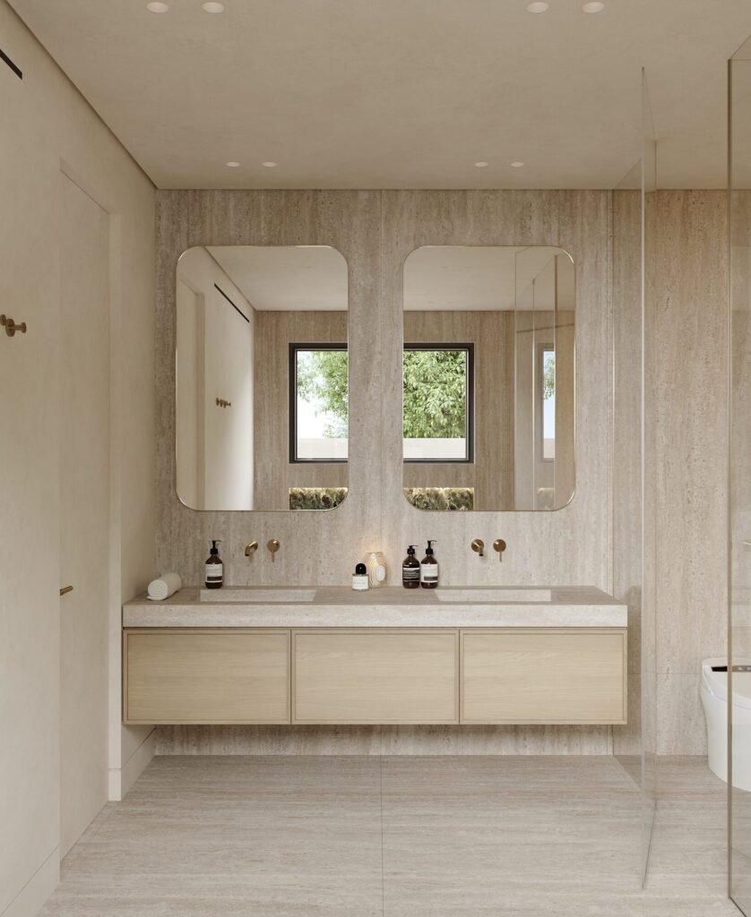 Master bathroom design rendering: travertine walls, walk-in shower and freestanding tub by Rafa Home Builders