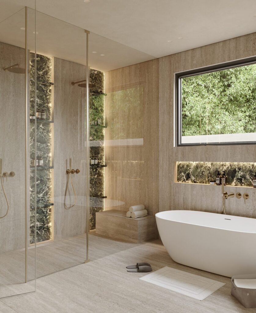 Master bathroom design rendering: travertine walls, walk-in shower and freestanding tub by Rafa Home Builders