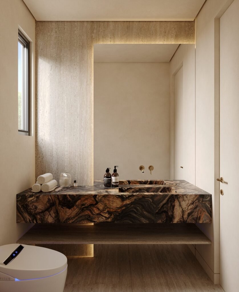 Powder room design rendering with stone vanity and warm lighting by Rafa Home Builders