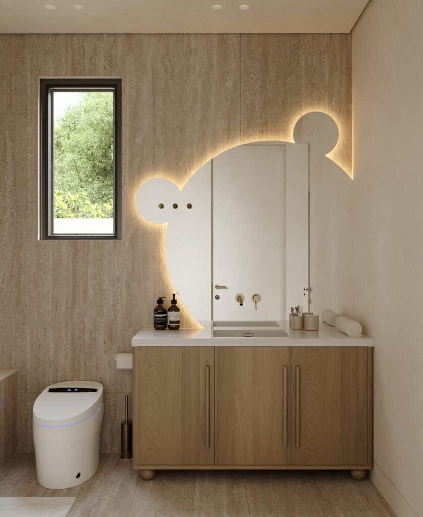 Kids bathroom design rendering with wood vanity and backlit mirror by Rafa Home Builders
