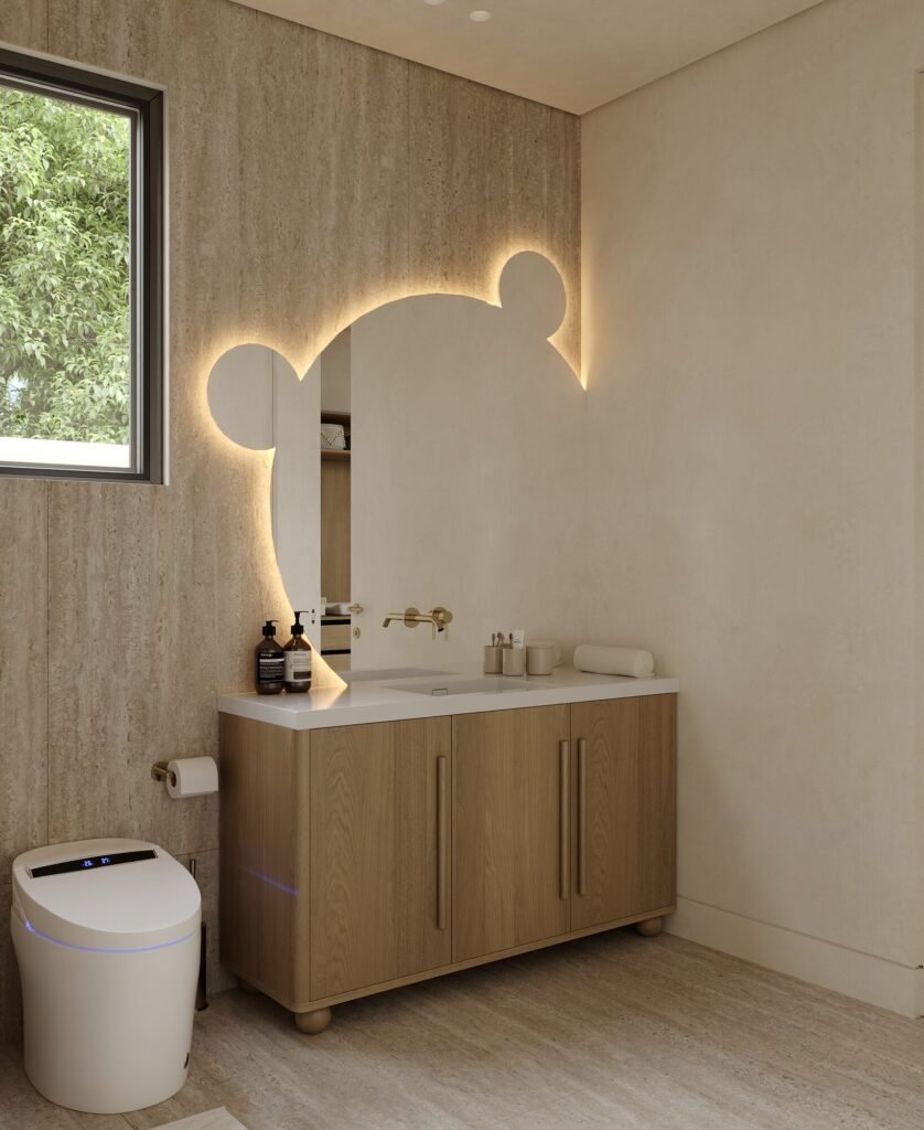 Kids bathroom design rendering with wood vanity and backlit mirror by Rafa Home Builders