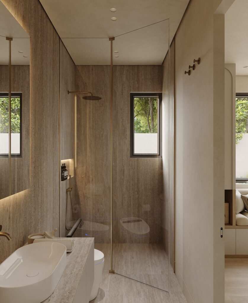 Kids bathroom design rendering with wood vanity and backlit mirror by Rafa Home Builders