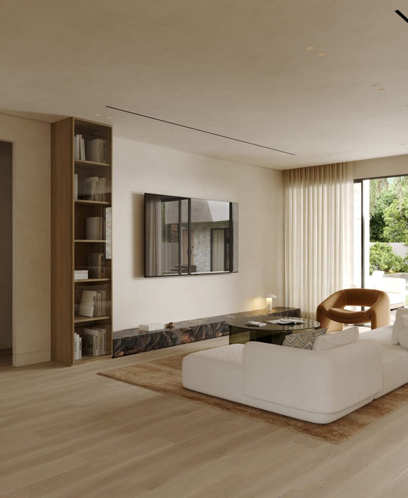 Interior design rendering: open living and dining space with light oak finishes by Rafa Home Builders