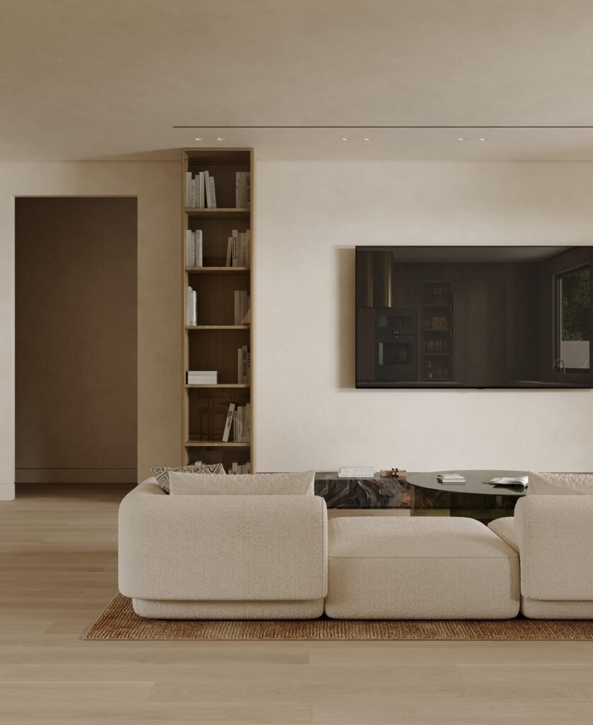 Interior design rendering: open living and dining space with light oak finishes by Rafa Home Builders