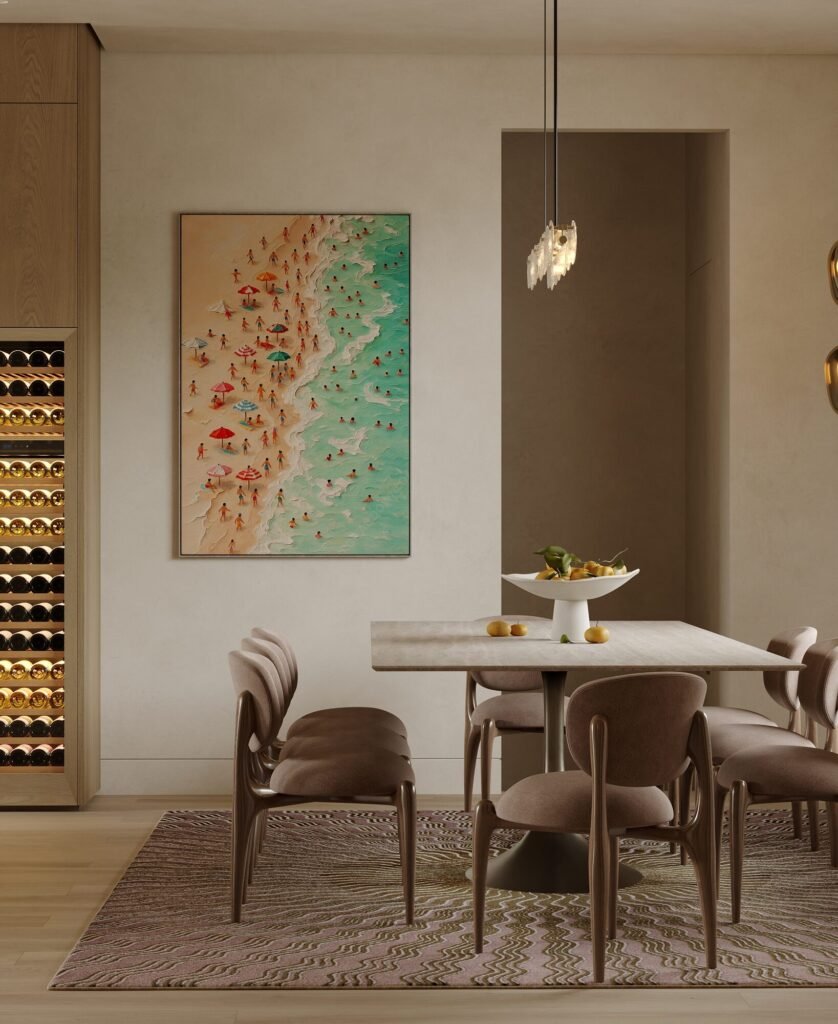 Interior design rendering: open living and dining space with light oak finishes by Rafa Home Builders