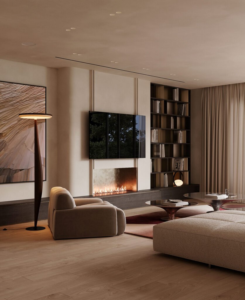 Living room design rendering with fireplace and built-in shelving by Rafa Home Builders