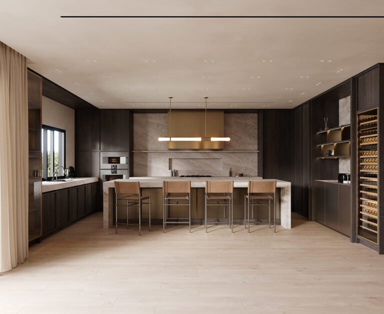 3D design rendering: Dark Wood Kitchen by Rafa Home Builders