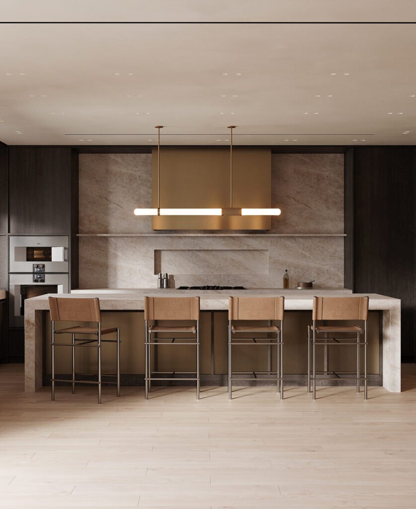 Kitchen design rendering: dark wood cabinetry, stone island and brass details by Rafa Home Builders