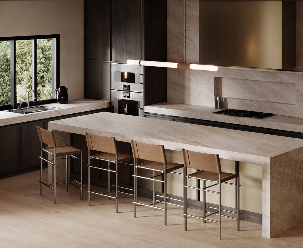 Kitchen design rendering: stone waterfall island with leather counter stools by Rafa Home Builders