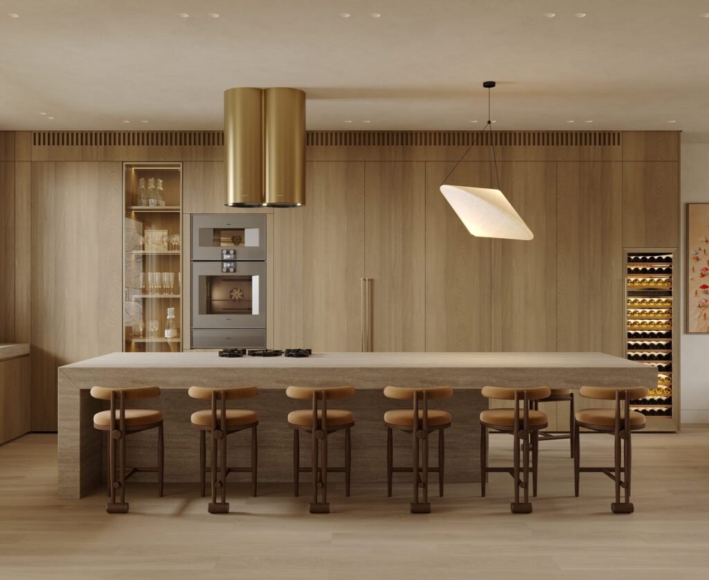 Kitchen design rendering: light oak cabinetry, stone island and brass hood by Rafa Home Builders