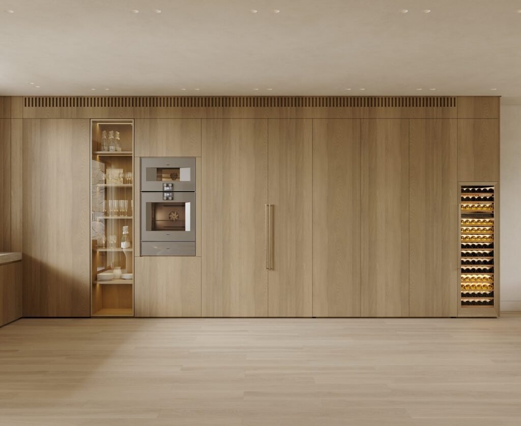 Kitchen design rendering: light oak cabinetry, stone island and brass hood by Rafa Home Builders