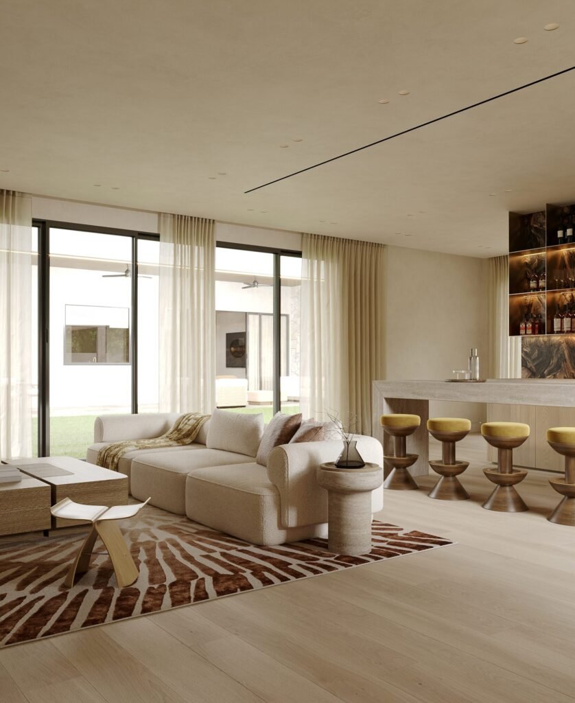 Pool house design rendering: lounge and stone bar with counter stools by Rafa Home Builders