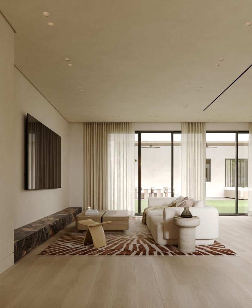 Pool house design rendering: lounge and stone bar with counter stools by Rafa Home Builders