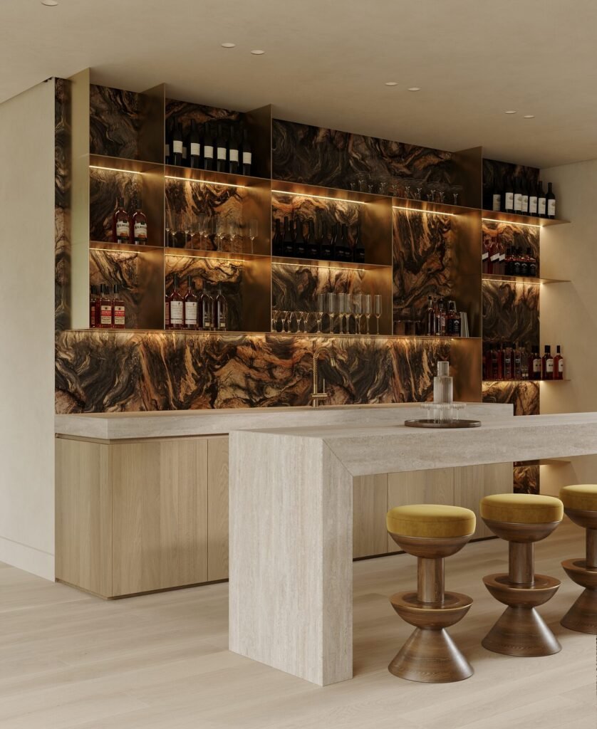 Pool house design rendering: lounge and stone bar with counter stools by Rafa Home Builders