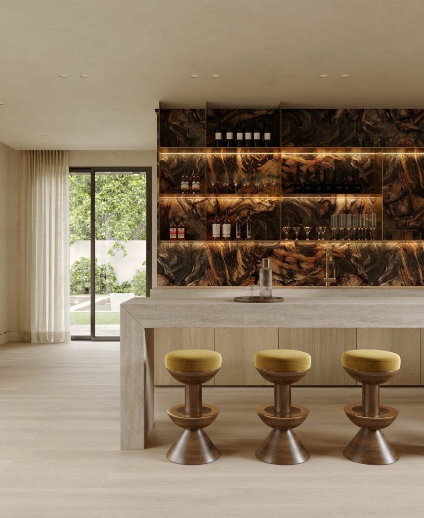 Pool house design rendering: lounge and stone bar with counter stools by Rafa Home Builders