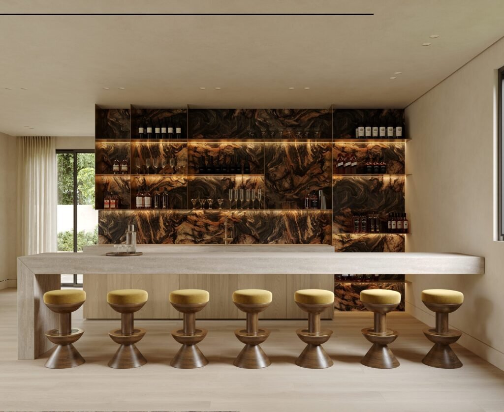 Pool house design rendering: lounge and stone bar with counter stools by Rafa Home Builders